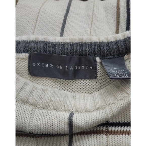 Oscar de la Renta Designer Men's Crew Neck Sweater Cotton Preppy‎ Cream Plaid M - Picture 4 of 9